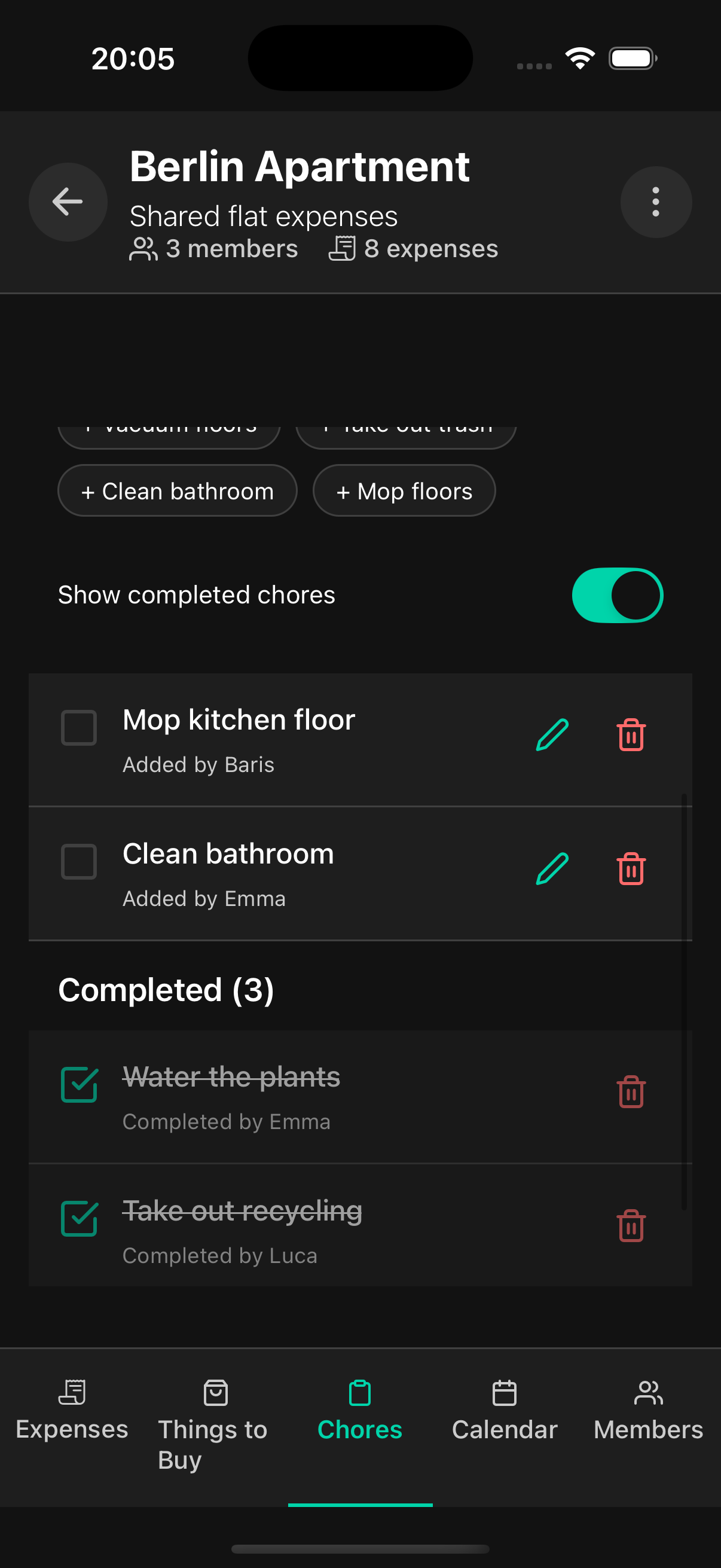 Chore management showing tasks like Mop kitchen floor and Clean bathroom