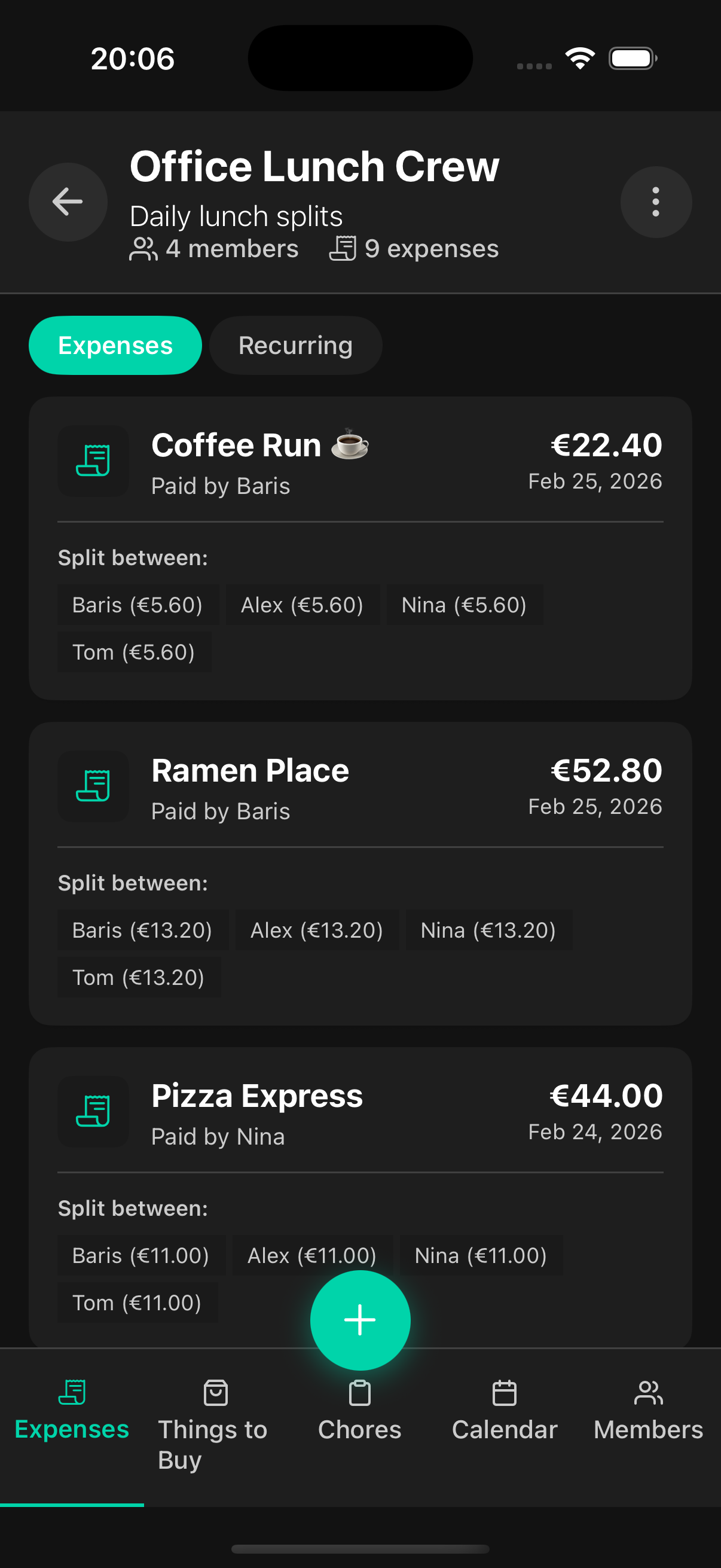 Office Lunch Crew showing daily expense tracking with split details